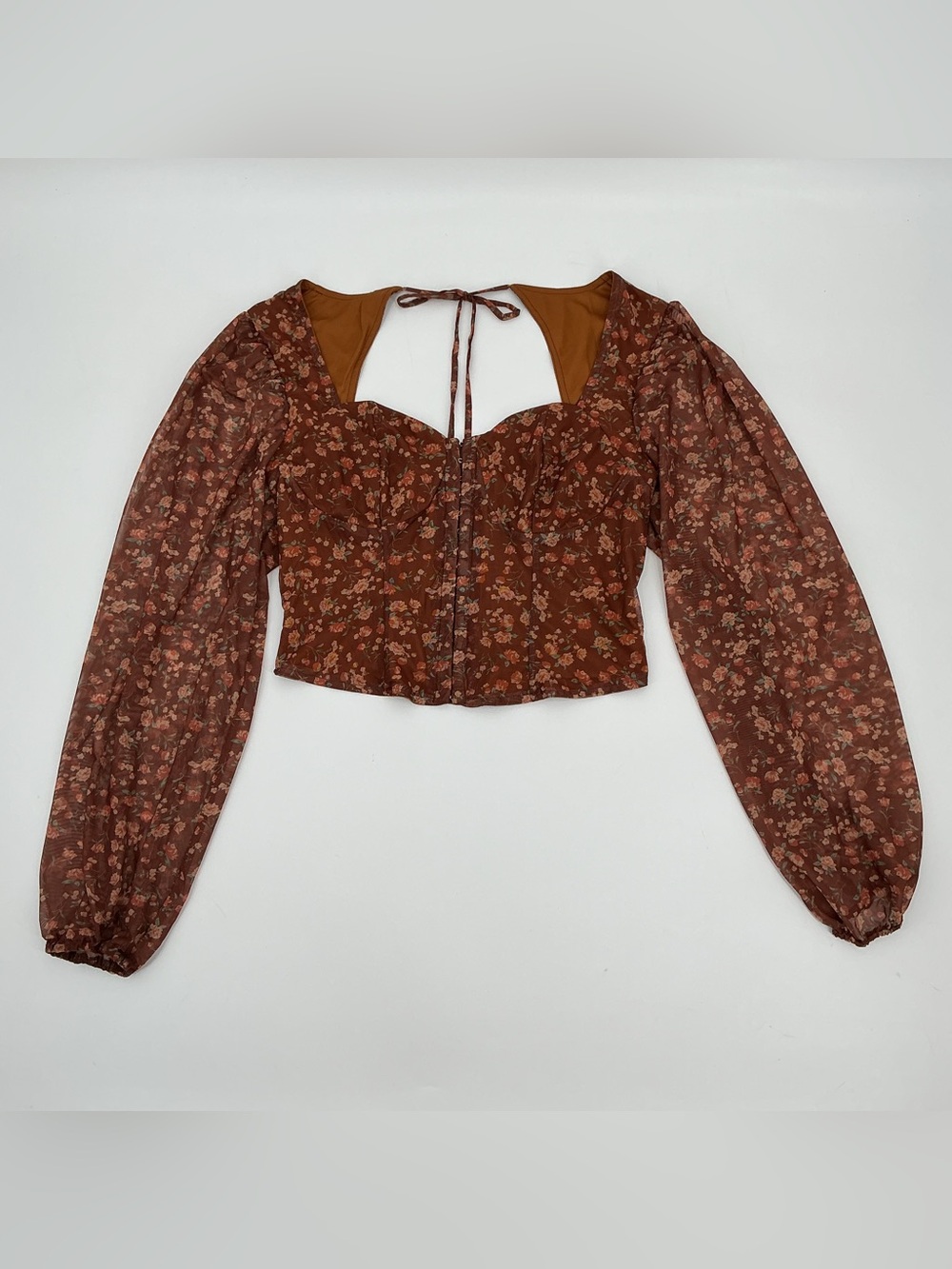 Lulu's Sweet and Cute Brown Floral Crop Top with Mesh Sleeves - Picture 2 of 8
